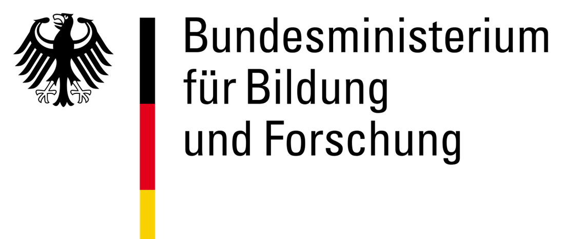schwarzer Adler mit linksseitigem Streifen in schwarzer, roter und goldener Farbe und den Schriftzug Bundesministerium für Bildung und Forschung